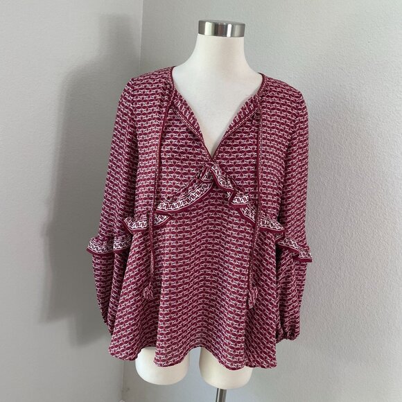 Max Studio Womens Large Burgundy White V Neck Ruffle Blouse Shirt Top - Picture 1 of 12